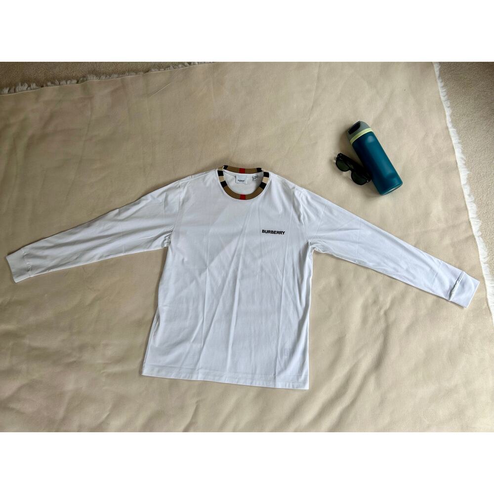 Burberry Men’s White Long Sleeve Logo Tee with Signature Collar